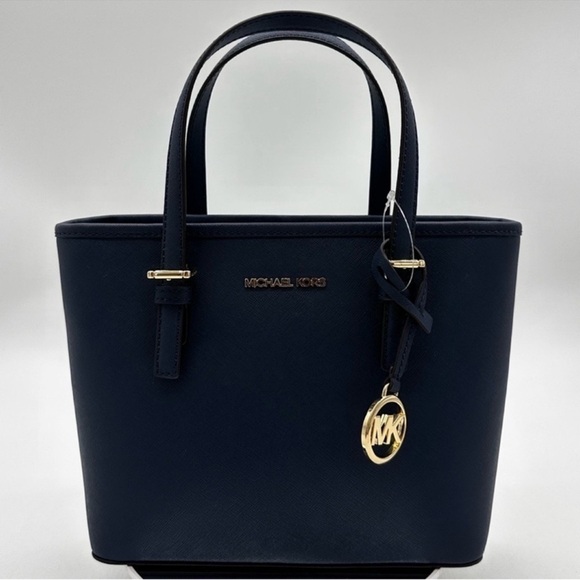 Michael Kors Jet Set Travel Extra-Small Top Zip Tote Bag Navy Blue/Gold - Picture 1 of 9